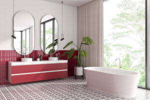 White and red bathroom interior with bathtub and double sink with dresser, side view bathing accessories and mirror.